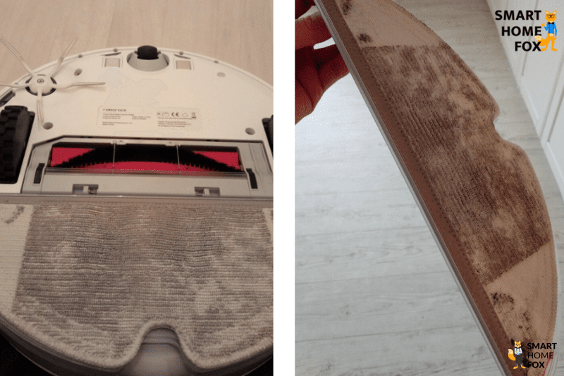 Dreckiger Wischmop eines Saug-Wisch-Roboters wird in den Händen gehalten.